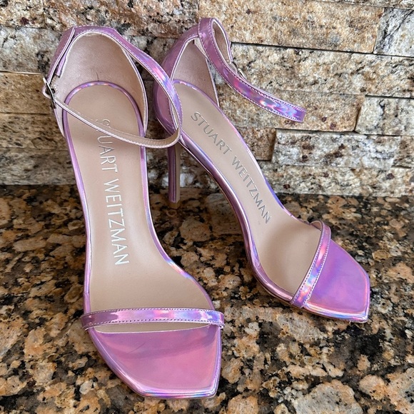 NWOB Stuart Weitzman Nudistcurve Iridescent Pink Ankle Strap Heeled Sandals - Picture 2 of 7